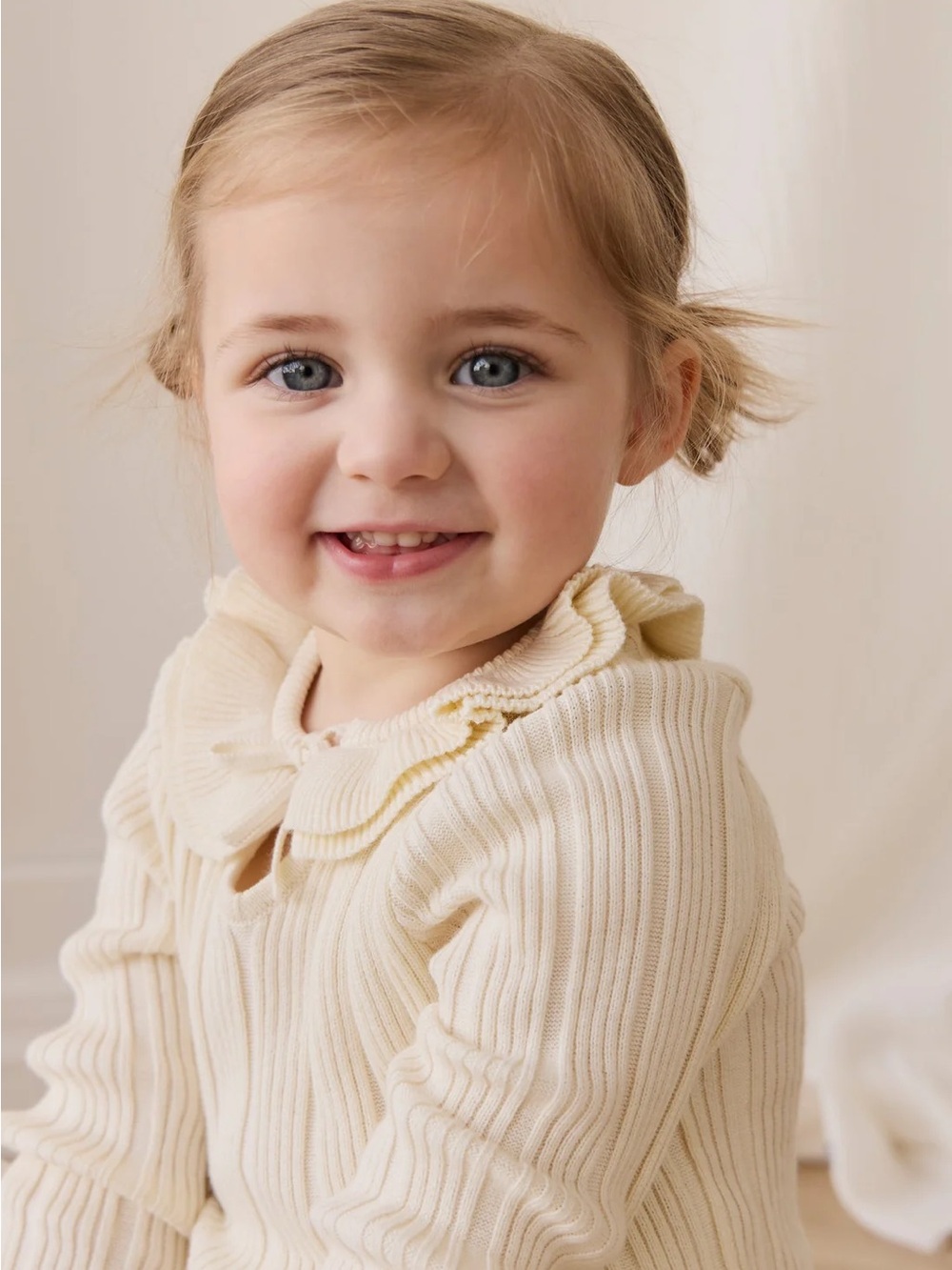 Jamie Kay Cream Organic Cotton Ribbed Top with Ruffle Collar